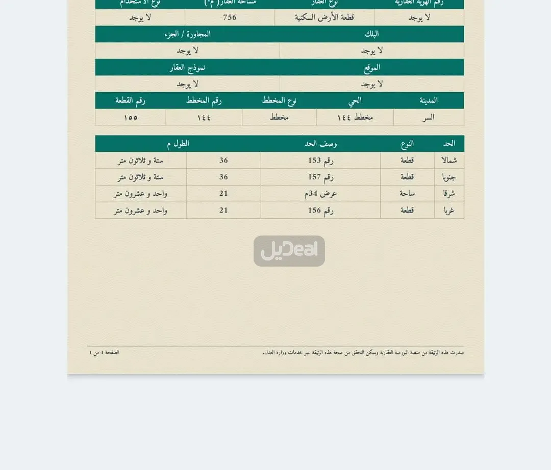 قطعة الأرض السكنية  رقم 155 من المخطط رقم  144  مركز فيضة السر .