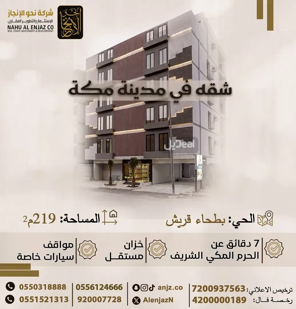 حي بطحاء قريش النموذجى بمدينة مكة المكرمة  مساحة الوحدة من الأرض 63.202 متر   وتختص من المنافع والأجزاء المشتركة بمساحة 127.6 متر