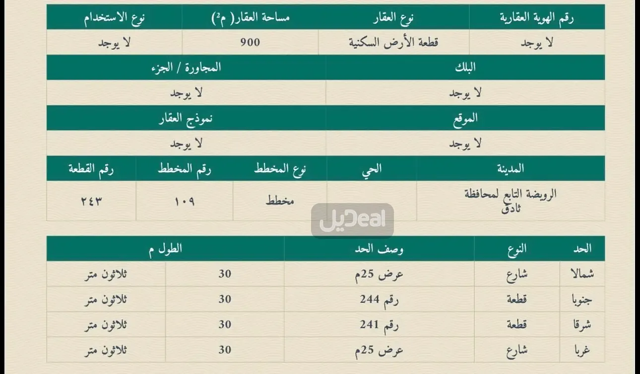 قطعة الأرض السكنية  رقم 243 من المخطط رقم  109  مركز الرويضة التابع لمحافظة ثادق .
