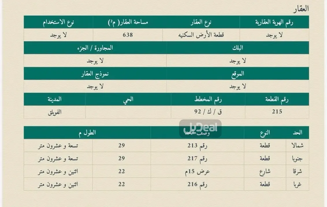 قطعة الأرض السكنيه  رقم 215 من المخطط رقم  ق / ك/ 92 مــركز الفويلق  محافظة البكيرية .