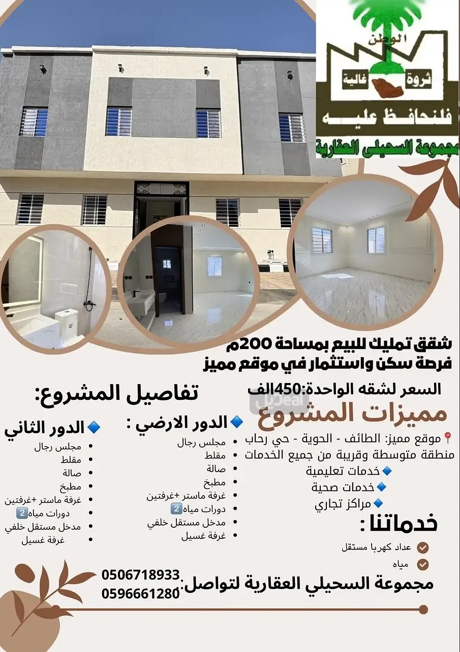 حي ريحه محافظة الطائف  مساحة الوحدة من الأرض 119.85 متر   وتختص من المنافع والأجزاء المشتركة بمساحة 107.22 متر